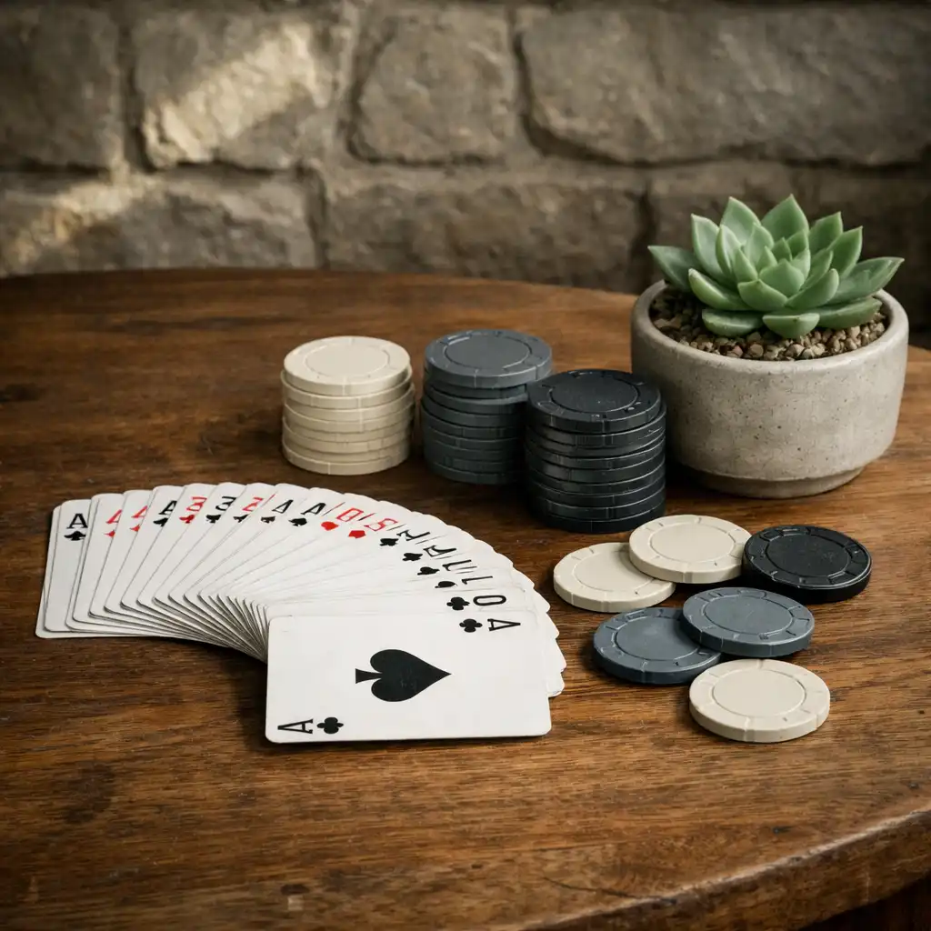 Close-up of a timber card table with a fanned deck of cards, neutral chips, and a small potted succulent