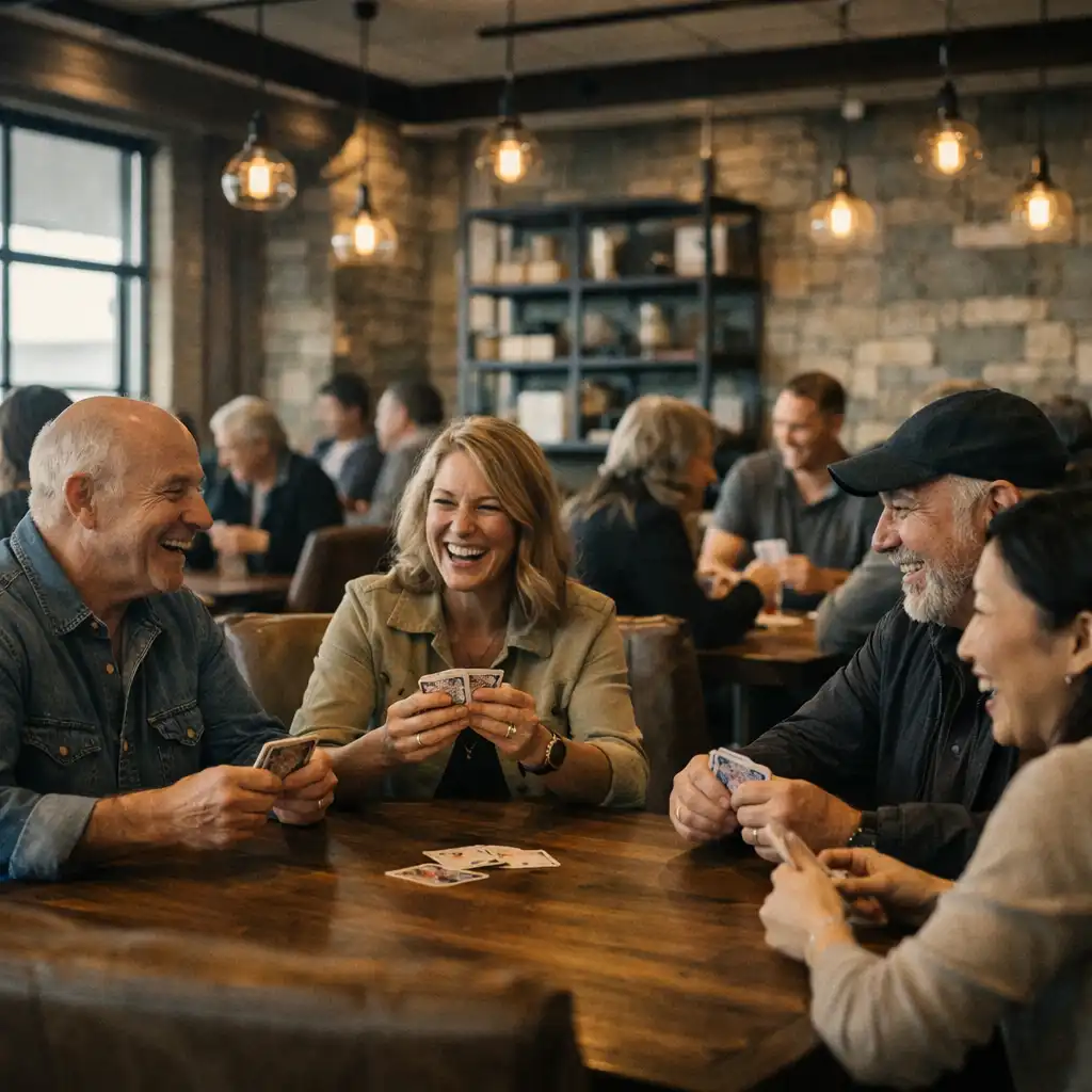 Warmly lit card lounge with timber tables and friends playing cards