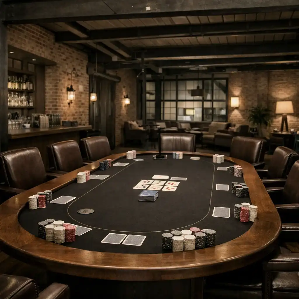 An empty card lounge at Dealer & Dining with a long wooden poker table, neutral chips and cards neatly arranged, exposed brick, steel beams, and soft ambient lighting.