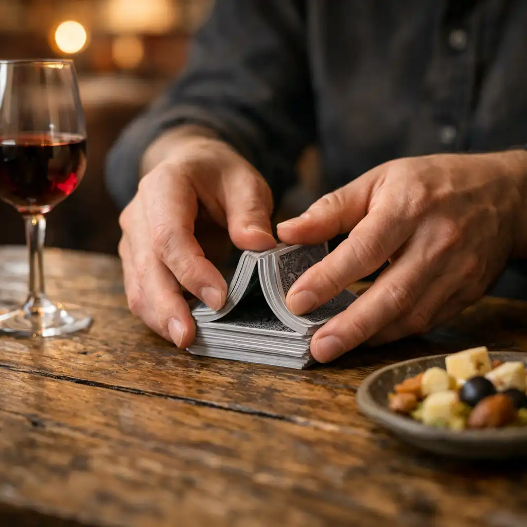 Hands shuffling a deck of cards on a weathered oak table with wine and a small plate nearby