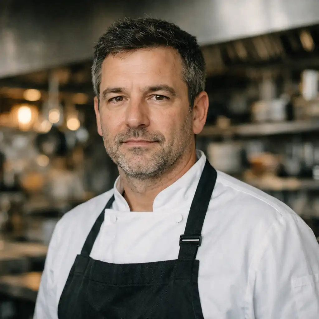 Head chef Alex Morgan standing in the open kitchen