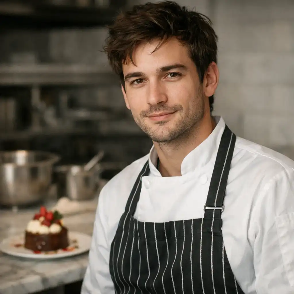 Pastry chef Liam Chen standing in the open kitchen