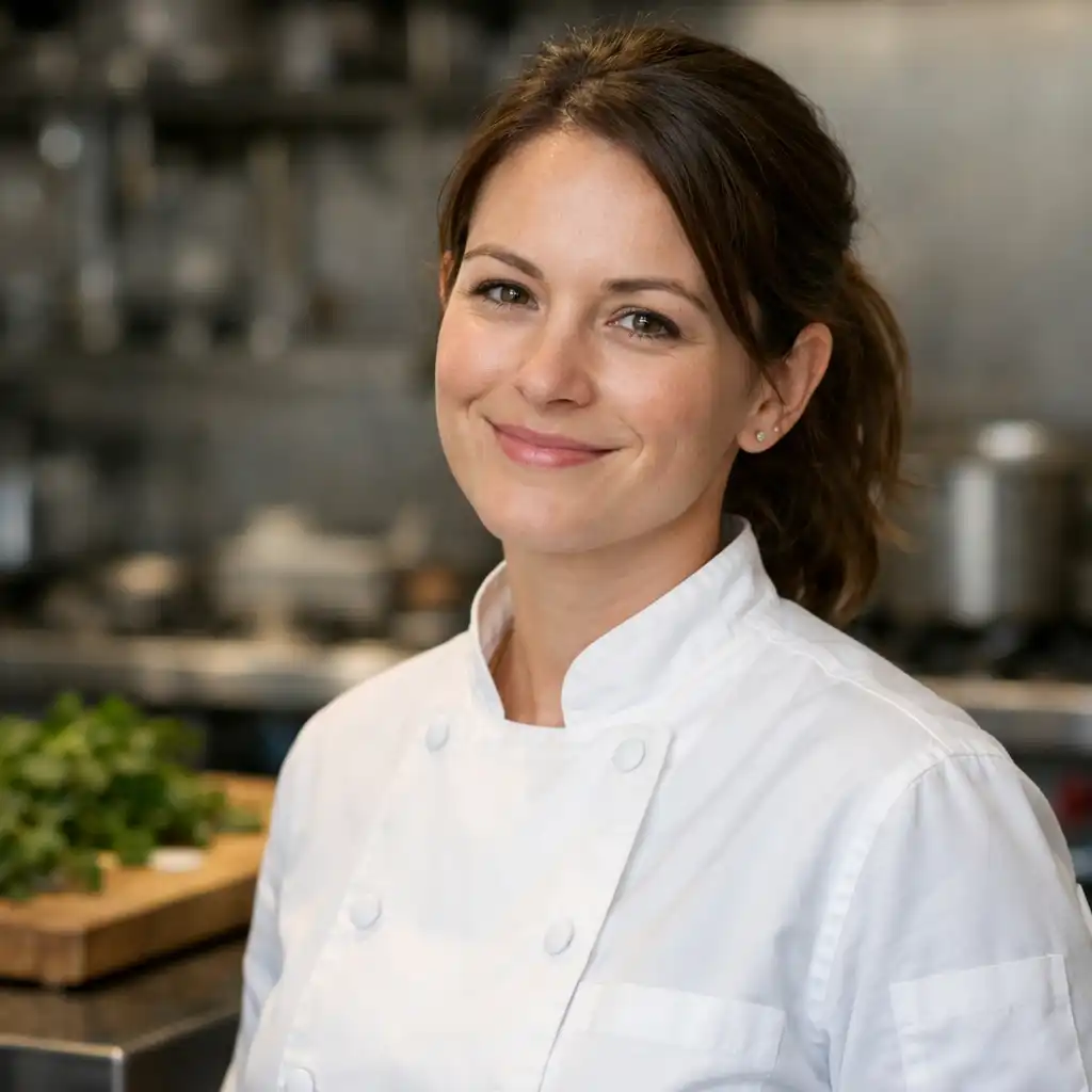Sous chef Priya Patel smiling in the open kitchen