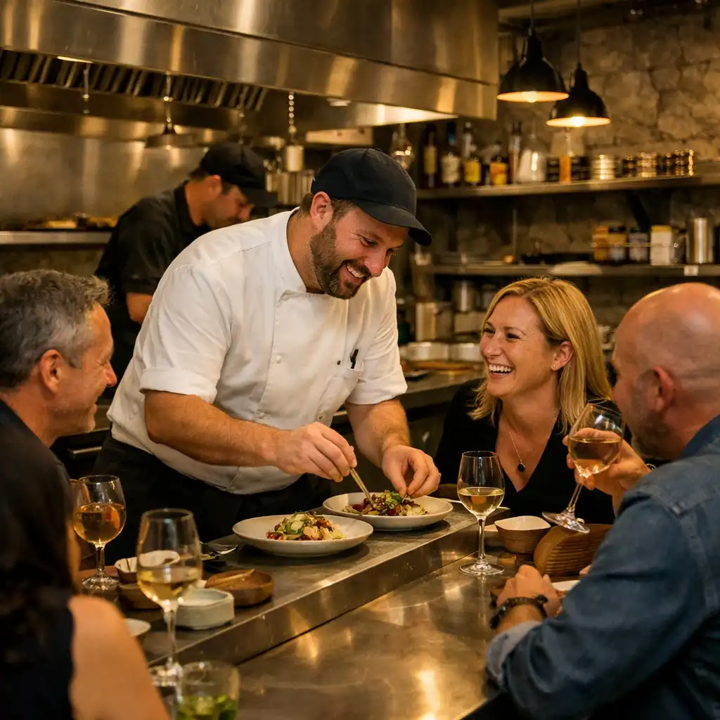 Guests seated at a chef's table in an open kitchen while a chef plates dishes