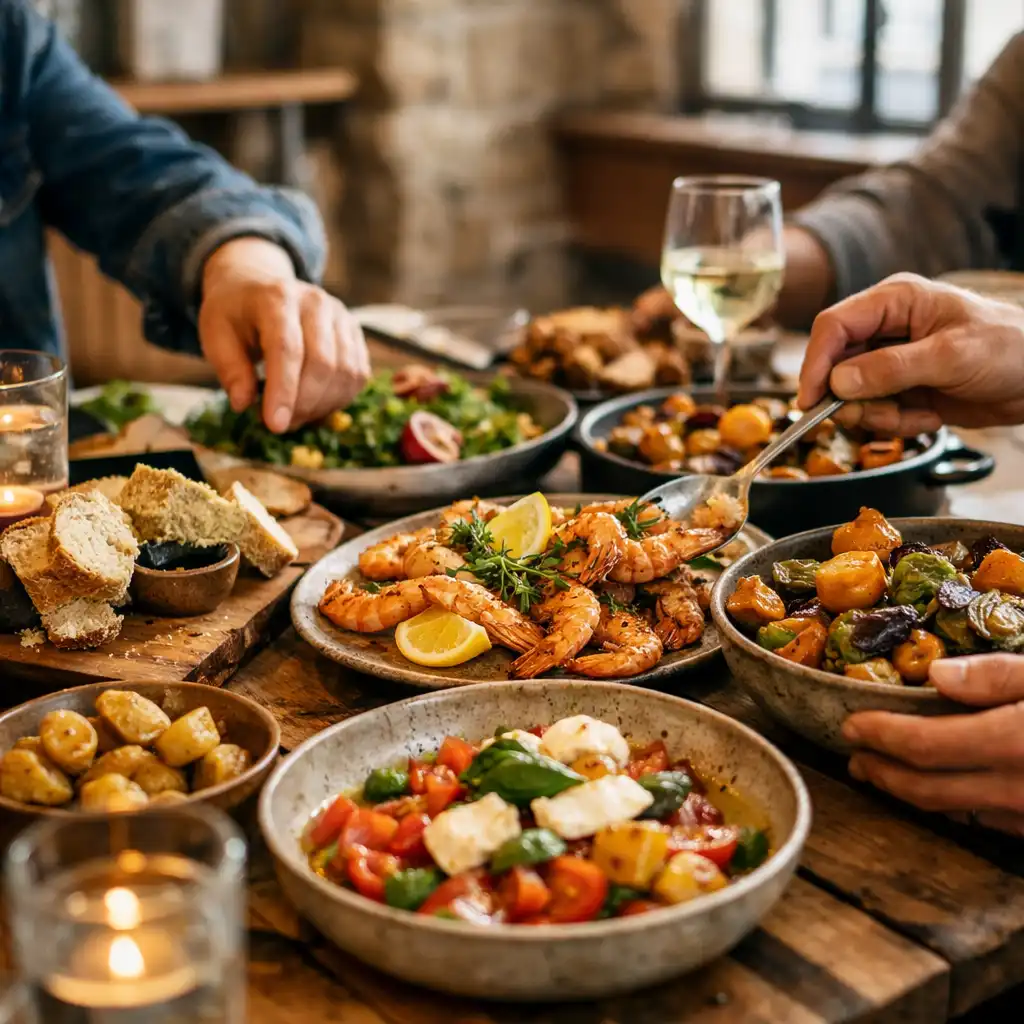 Close-up of a communal dining table with shared seasonal dishes and hands reaching for food