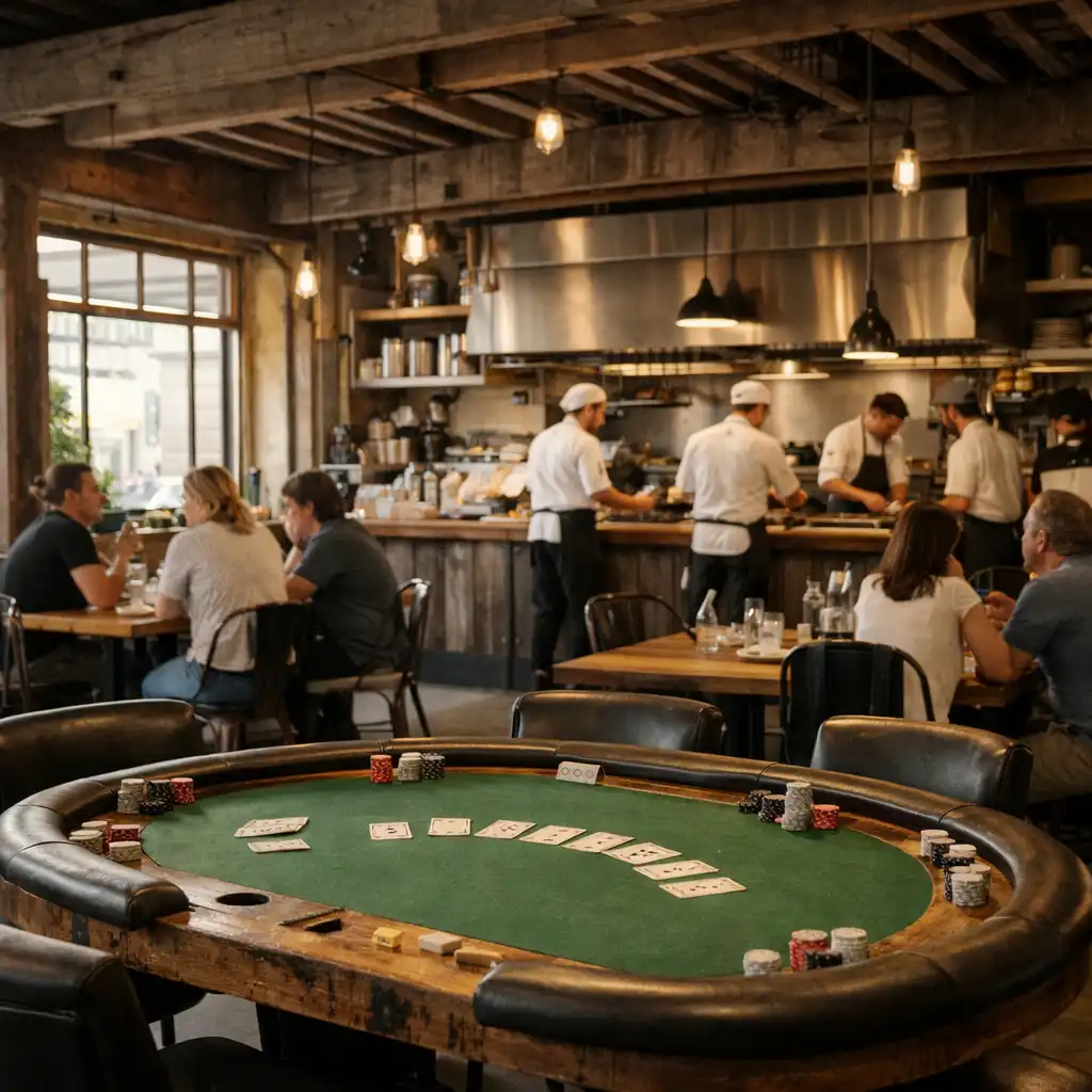 Wide interior of Dealer & Dining with an open kitchen and a social poker table in the foreground