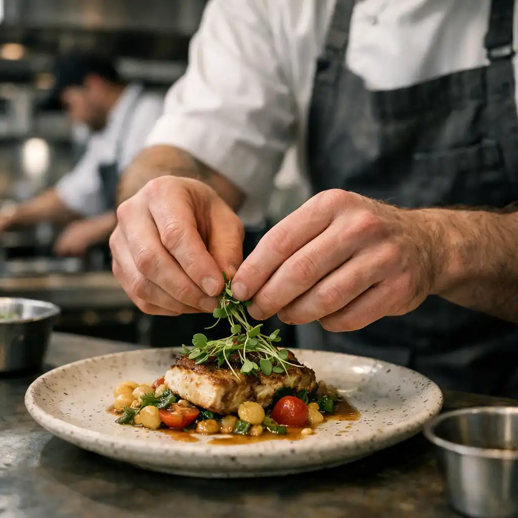 Chef plating a dish with microgreens in the open kitchen
