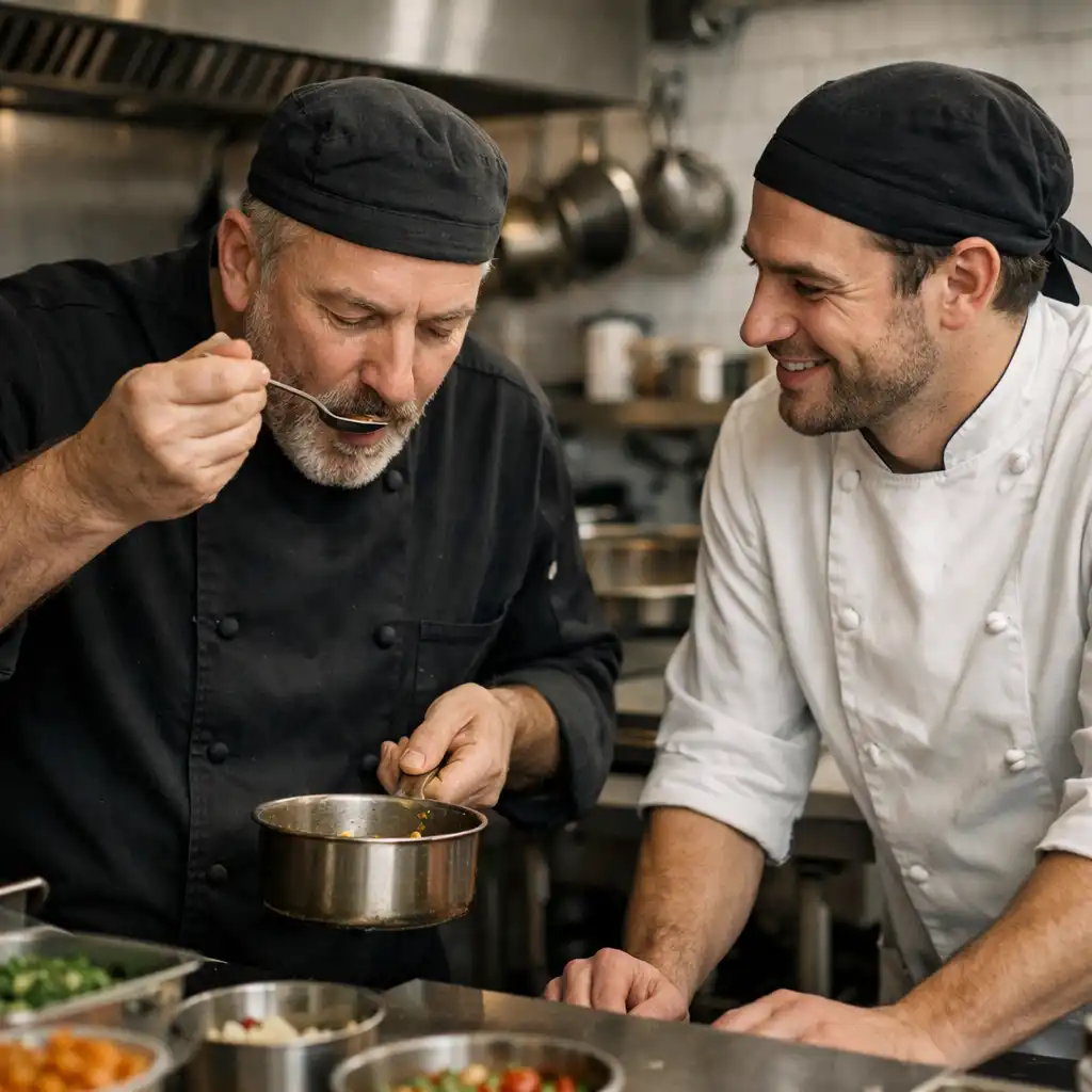 Two chefs collaborating and tasting a sauce in the open kitchen