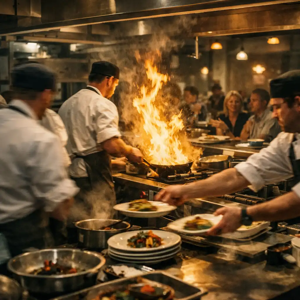 Busy open kitchen during service with chefs working and flames on the stove