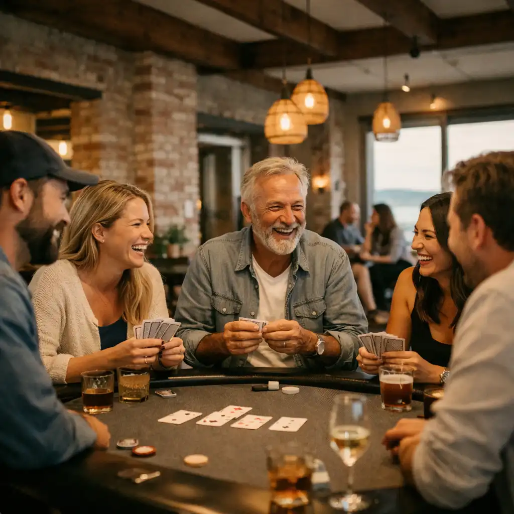 Guests socialising around a poker table in the warm, coastal-industrial lounge at Dealer & Dining