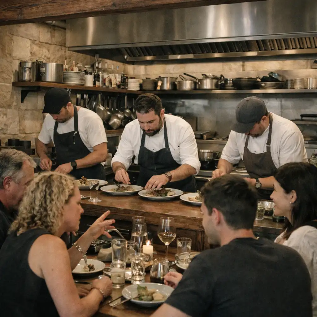 Chefs plating dishes at an open kitchen while guests sit at a communal chef's table