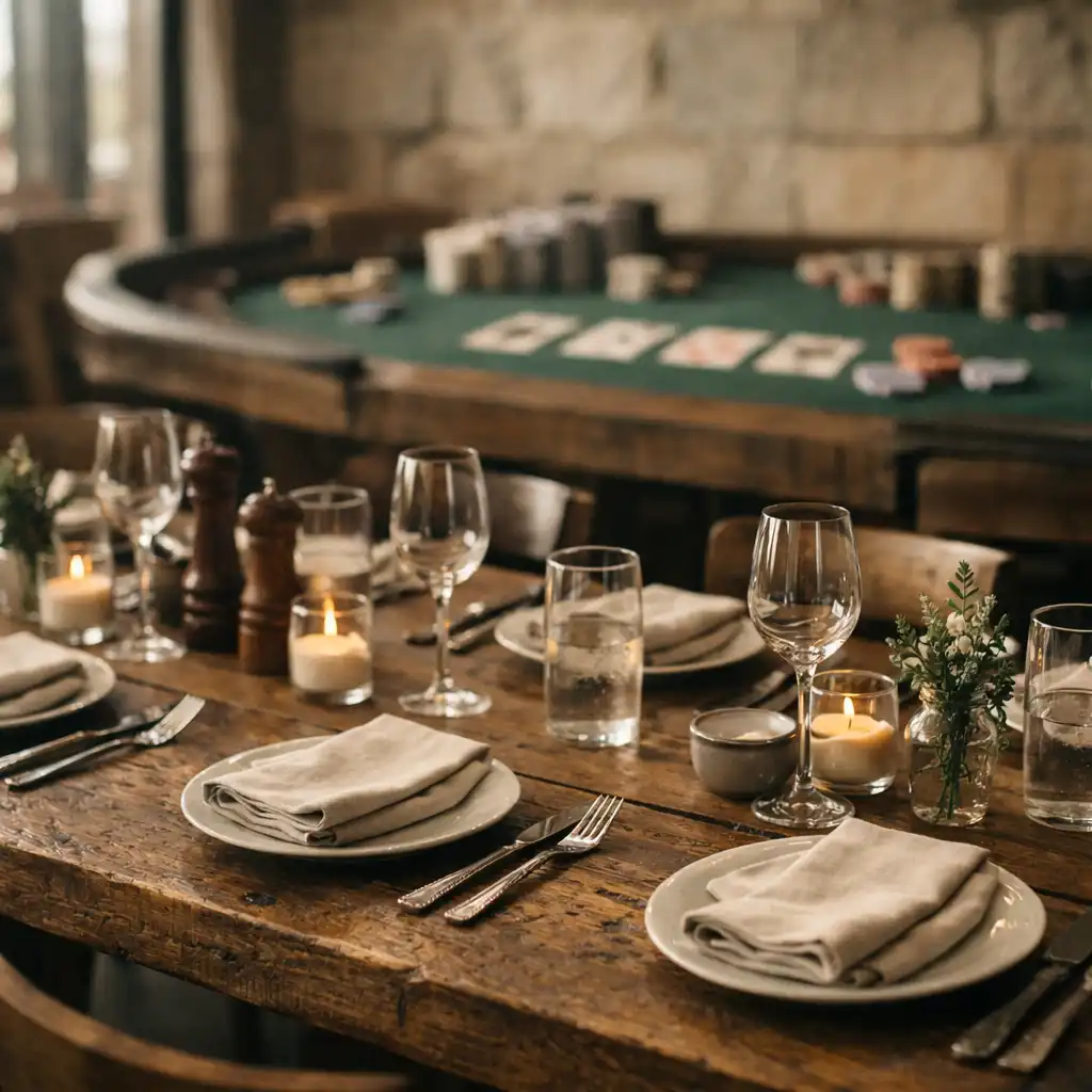 A communal dining table set with linen and tableware, with a softly blurred poker table in the background