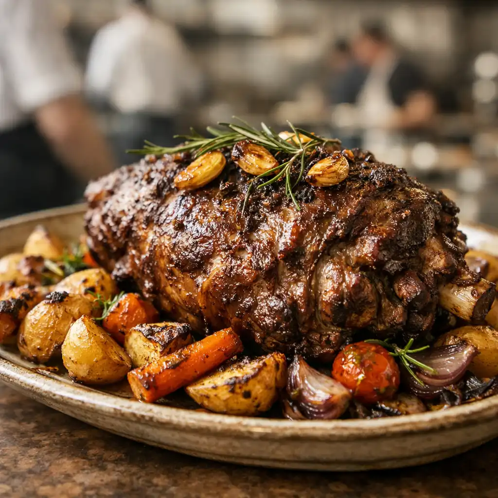 Slow-roasted lamb shoulder with rosemary and garlic on a rustic platter, with a blurred open kitchen behind