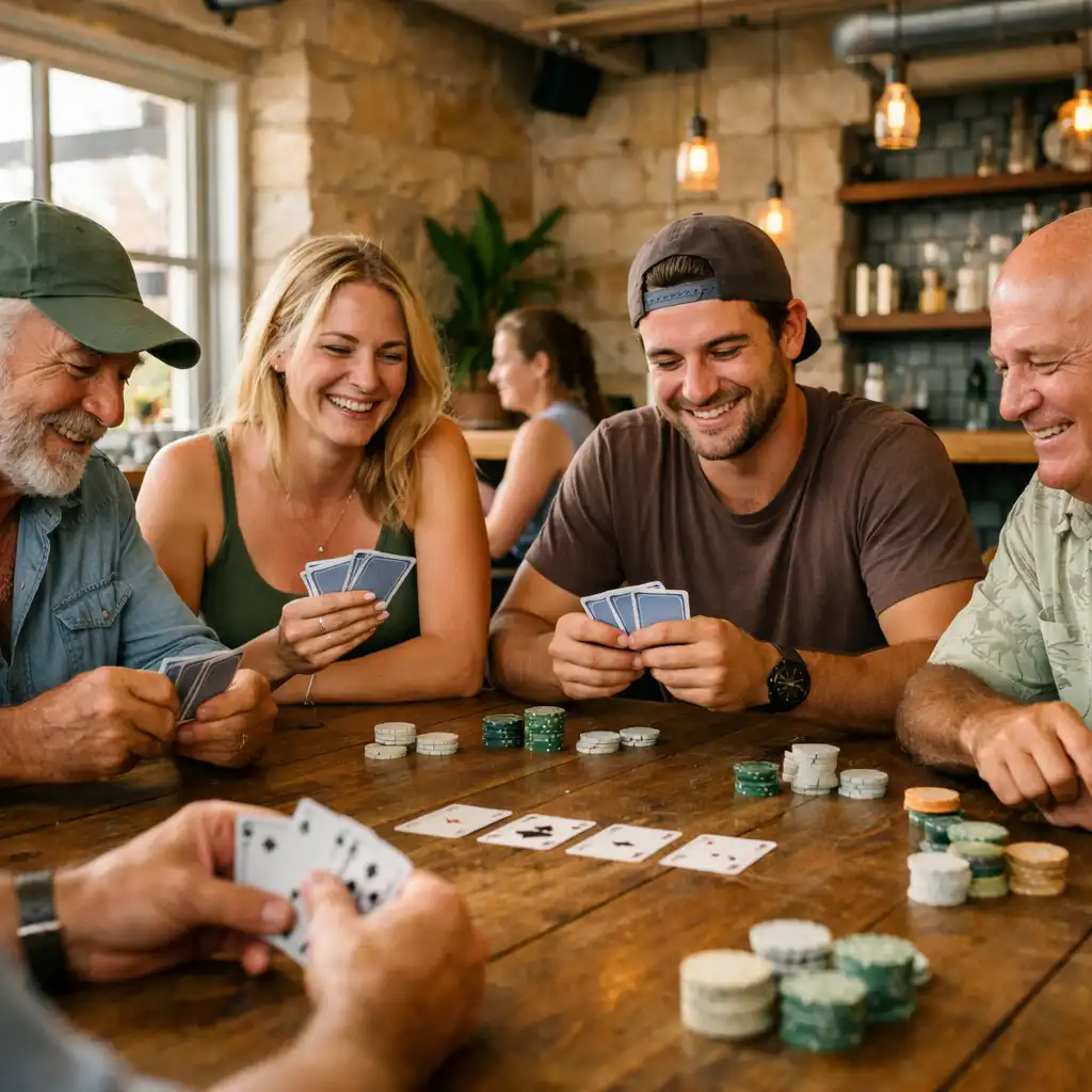 People playing social poker at a wooden table in the Dealer & Dining card lounge