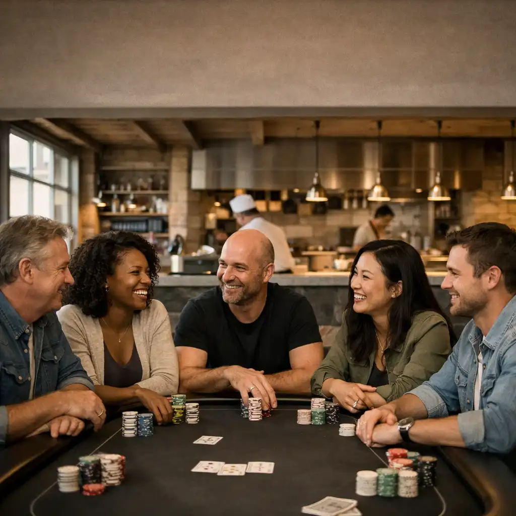 A warm, documentary-style scene of diverse adults enjoying a social poker evening around a premium table at Dealer & Dining, with neutral chips and cards but no money or betting elements.