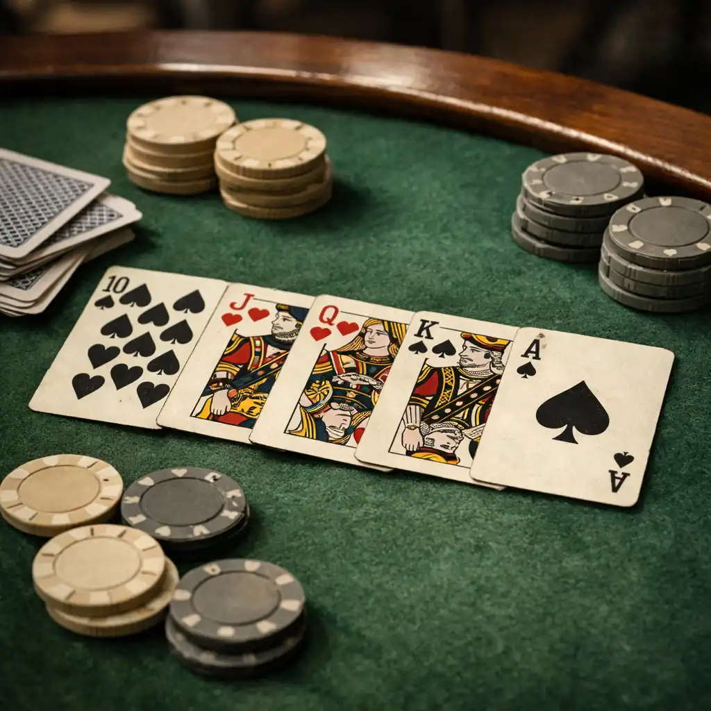 Close-up of a poker table with playing cards and neutral chips