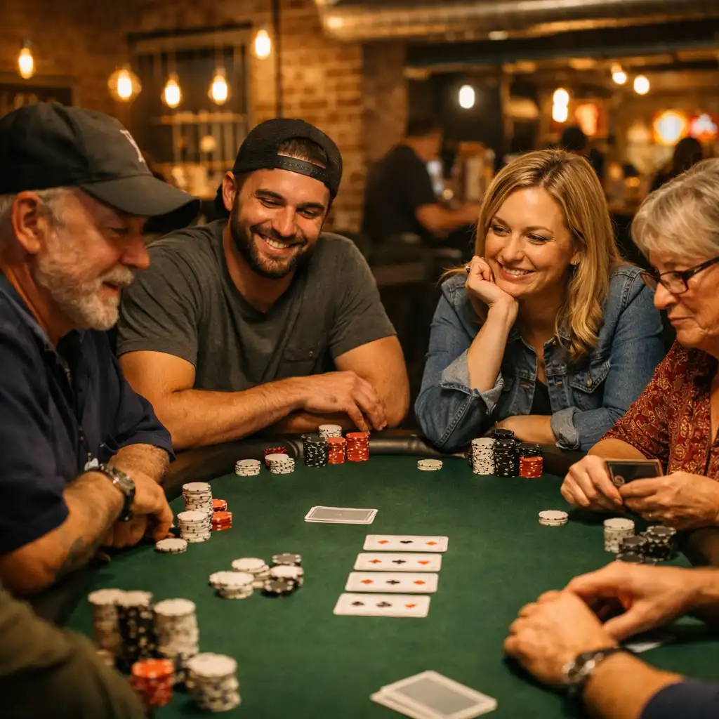 Group of people gathered around a physical poker table with cards and neutral chips in a dimly lit card lounge