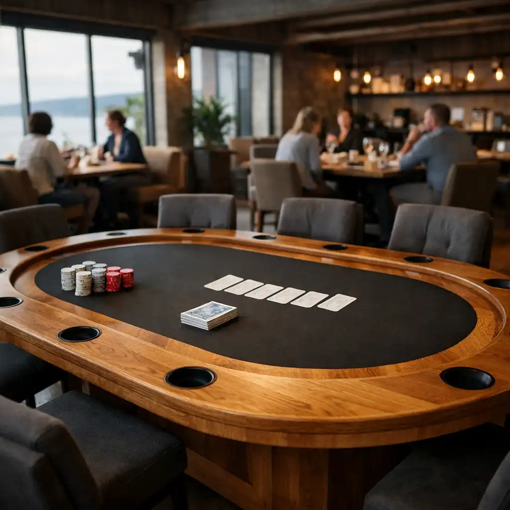 A handcrafted poker table in the Dealer & Dining card lounge with warm lighting and eight chairs