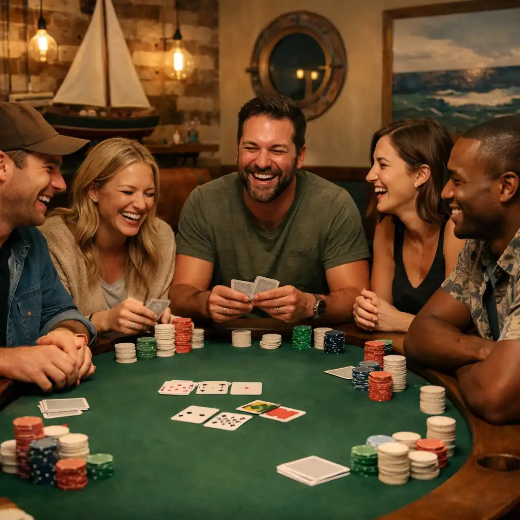 Group of friends around a physical poker table in a cozy lounge with neutral chips and cards