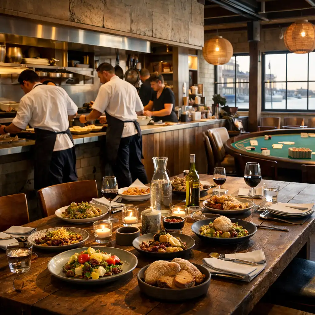 Coastal-industrial restaurant interior with an open kitchen, communal dining table, and a subtle poker table in the background