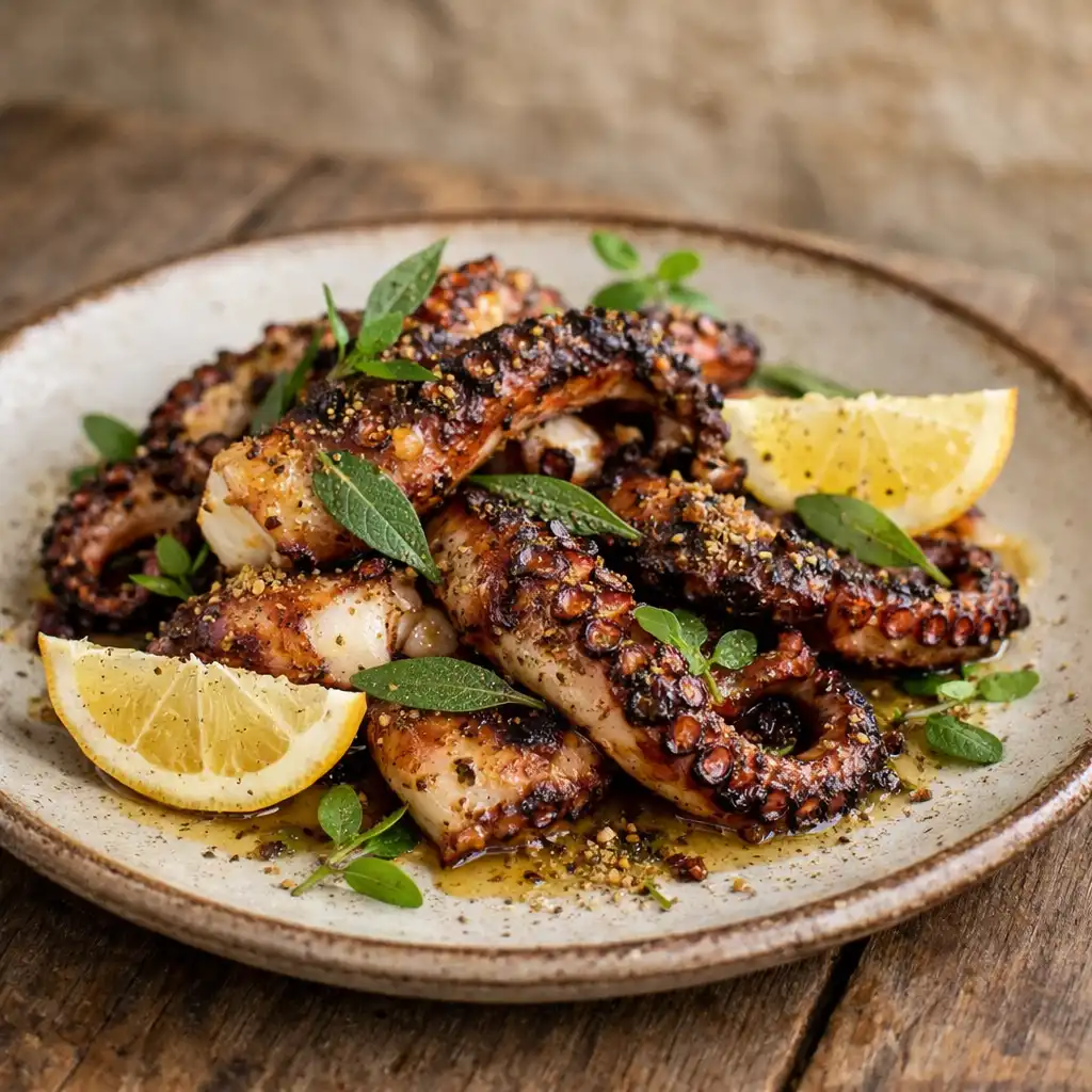 Chargrilled octopus with lemon myrtle plated on a rustic ceramic plate