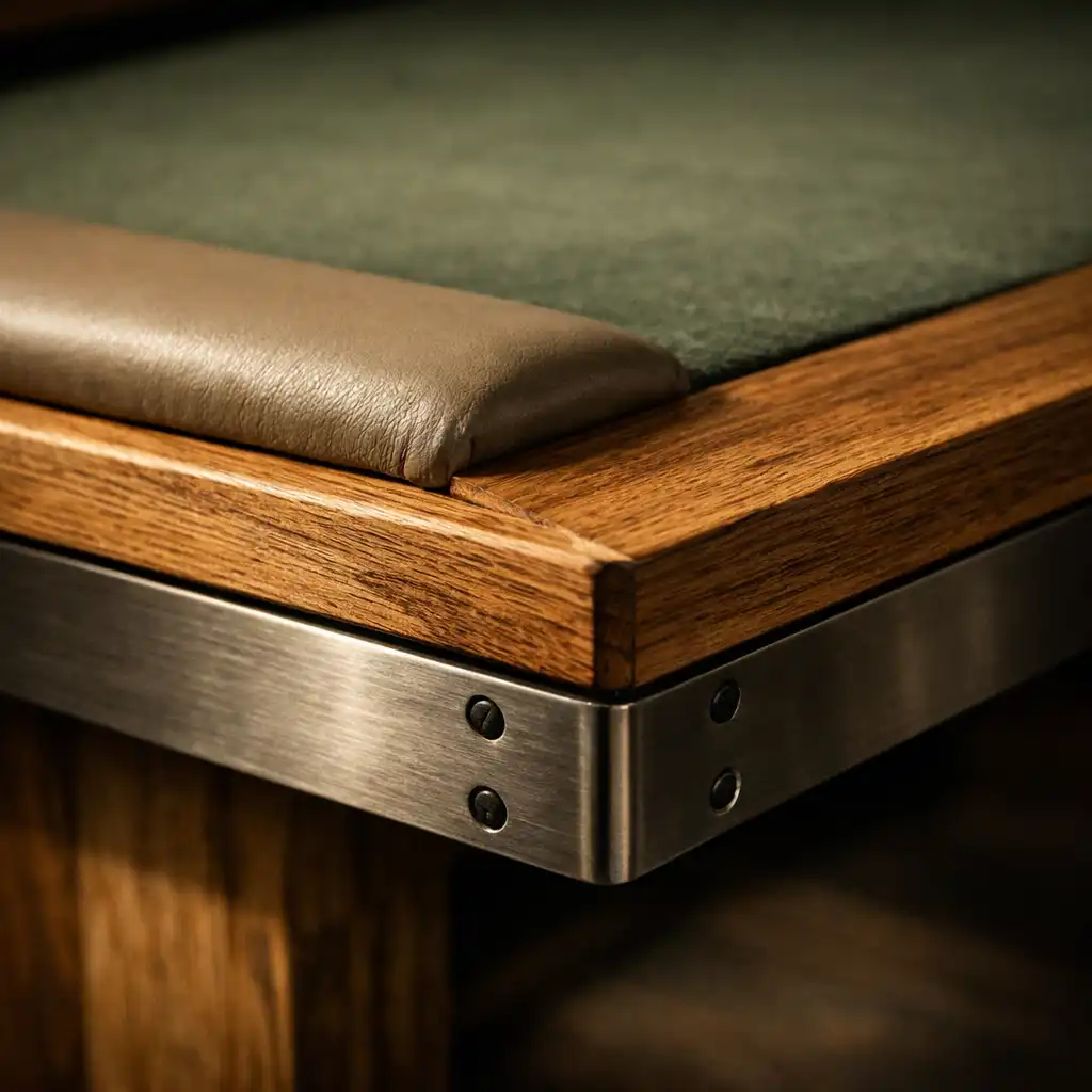 Close-up detail of the poker table edge showing Australian oak grain and steel frame